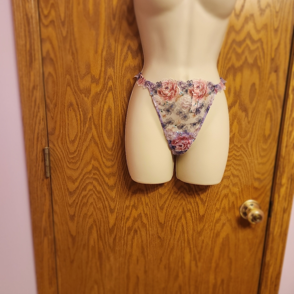 Victoria Secret Floral Lace Thong Panty with Pink and Purple Accents Sz Med NWT